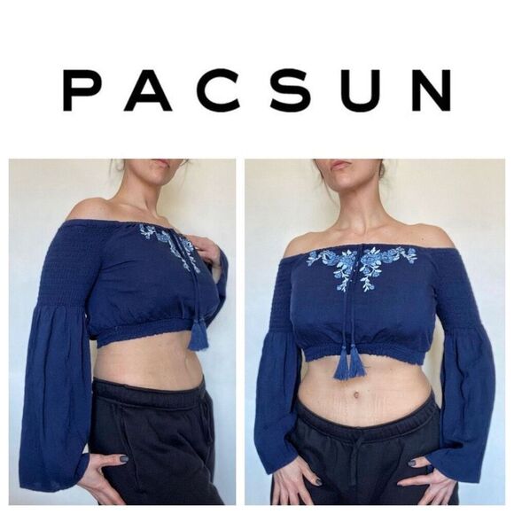 PacSun Off Shoulder Top Crop Festival Embroidered Tassel NEW Stretchy - Picture 4 of 13